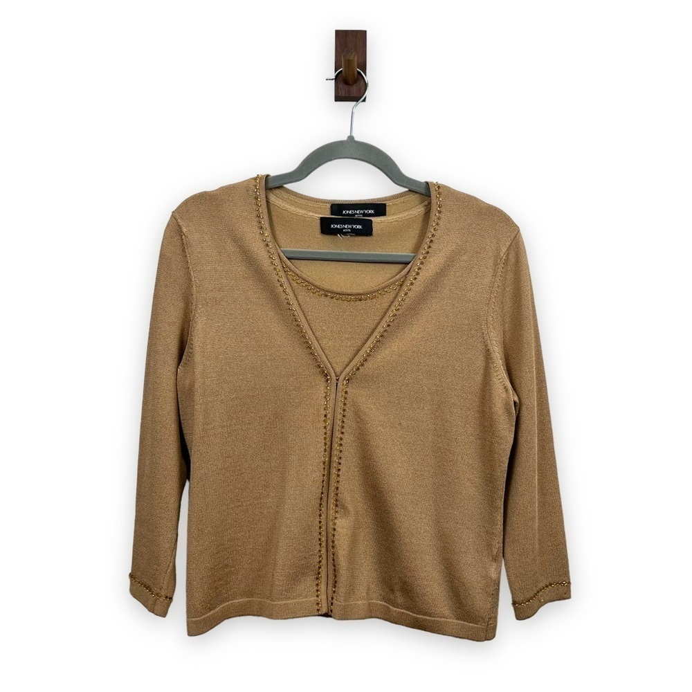 JONES NEW YORK Top Womens Medium Petite Gold 2 Piece Tank & Cardigan Mature